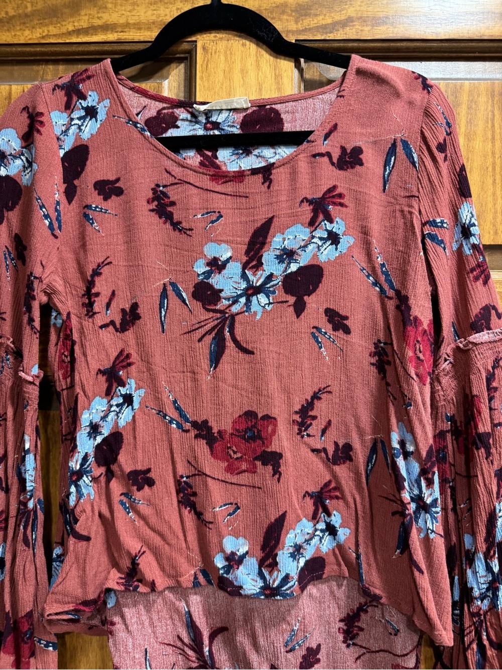 ILLA ILLA Rust Floral Long-Sleeve Blouse with Blue and Burgundy Accents